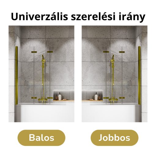 HD Leo Gold 120x140 összecsukható 3 szárnyú kádparaván 6 mm vastag vízlepergető biztonsági üveggel, arany színű elemekkel