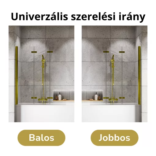 HD Leo Gold 120x150 összecsukható 3 szárnyú kádparaván 6 mm vastag vízlepergető biztonsági üveggel, arany színű elemekkel