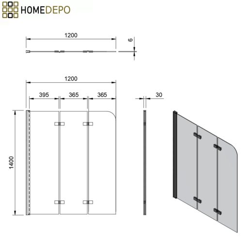 HD Leo Gold 120x140 összecsukható 3 szárnyú kádparaván 6 mm vastag vízlepergető biztonsági üveggel, arany színű elemekkel