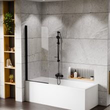 HD Leo Black 70x140 kihajtható 1 szárnyú kádparaván 6 mm vastag vízlepergető biztonsági üveggel, fekete elemekkel