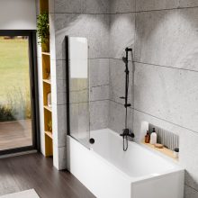 HD Leo Black 70x140 kihajtható 1 szárnyú kádparaván 6 mm vastag vízlepergető biztonsági üveggel, fekete elemekkel