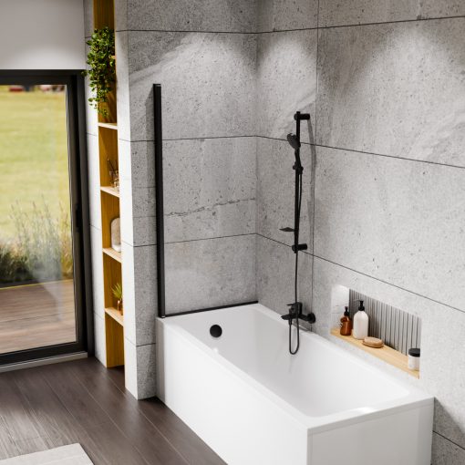 HD Leo Black 70x140 kihajtható 1 szárnyú kádparaván 6 mm vastag vízlepergető biztonsági üveggel, fekete elemekkel