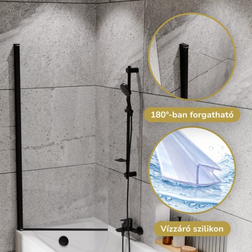 HD Leo Black 70x140 kihajtható 1 szárnyú kádparaván 6 mm vastag vízlepergető biztonsági üveggel, fekete elemekkel