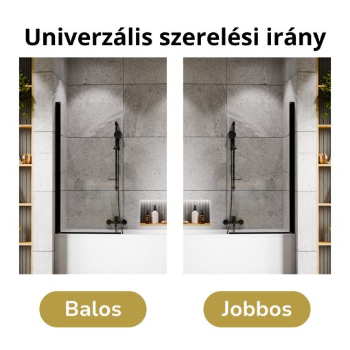 HD Leo Black 70x140 kihajtható 1 szárnyú kádparaván 6 mm vastag vízlepergető biztonsági üveggel, fekete elemekkel