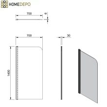 HD Leo Black 70x140 kihajtható 1 szárnyú kádparaván 6 mm vastag vízlepergető biztonsági üveggel, fekete elemekkel