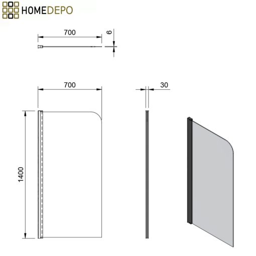 HD Leo Black 70x140 kihajtható 1 szárnyú kádparaván 6 mm vastag vízlepergető biztonsági üveggel, fekete elemekkel