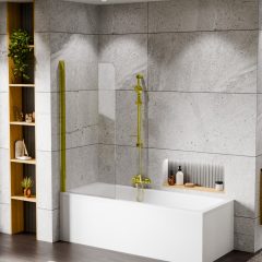   HD Leo Gold 70x140 kihajtható 1 szárnyú kádparaván 6 mm vastag vízlepergető biztonsági üveggel, arany színű elemekkel