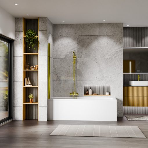 HD Leo Gold 70x140 kihajtható 1 szárnyú kádparaván 6 mm vastag vízlepergető biztonsági üveggel, arany színű elemekkel