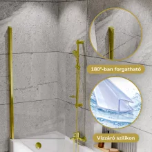 HD Leo Gold 70x150 kihajtható 1 szárnyú kádparaván 6 mm vastag vízlepergető biztonsági üveggel, arany színű elemekkel