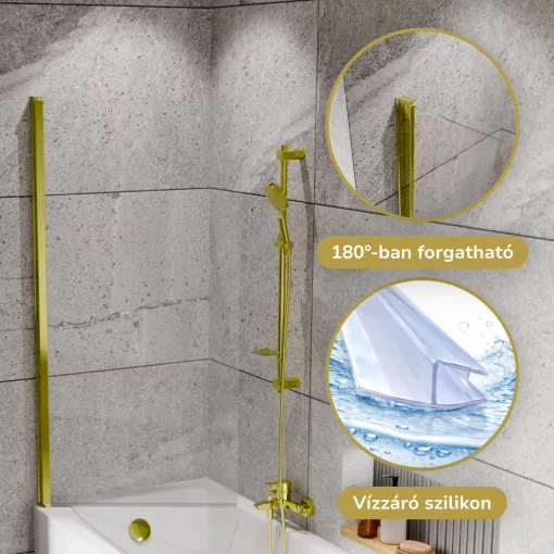 HD Leo Gold 70x150 kihajtható 1 szárnyú kádparaván 6 mm vastag vízlepergető biztonsági üveggel, arany színű elemekkel