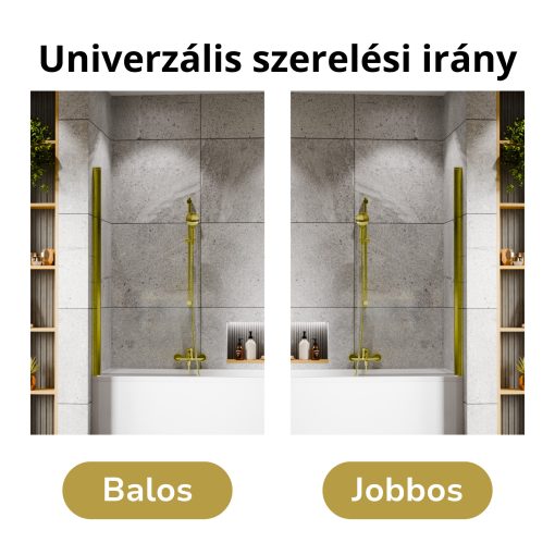 HD Leo Gold 70x140 kihajtható 1 szárnyú kádparaván 6 mm vastag vízlepergető biztonsági üveggel, arany színű elemekkel