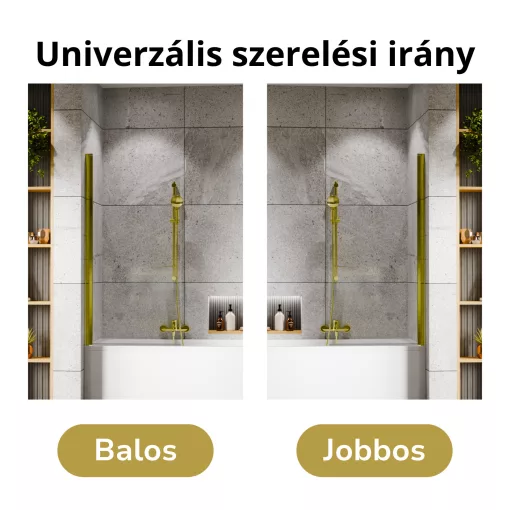 HD Leo Gold 70x150 kihajtható 1 szárnyú kádparaván 6 mm vastag vízlepergető biztonsági üveggel, arany színű elemekkel