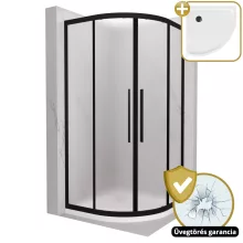 HD Moment+ 90x90 íves két tolóajtós matt zuhanykabin fehér slim zuhanytálcával és fekete szifonnal, fekete színű elemekkel, 190 cm magas