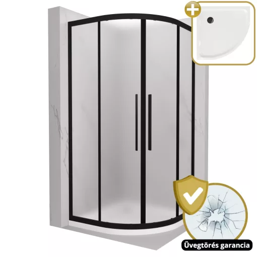 HD Moment+ 90x90 íves két tolóajtós matt zuhanykabin fehér slim zuhanytálcával és fekete szifonnal, fekete színű elemekkel, 190 cm magas