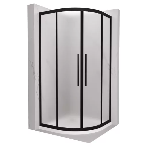 HD Moment+ 90x90 íves két tolóajtós matt zuhanykabin fehér slim zuhanytálcával és fekete szifonnal, fekete színű elemekkel, 190 cm magas