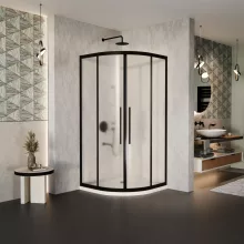 HD Moment+ 90x90 íves két tolóajtós matt zuhanykabin fehér slim zuhanytálcával és fekete szifonnal, fekete színű elemekkel, 190 cm magas