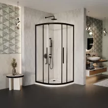 HD Moment+ 90x90 íves két tolóajtós matt zuhanykabin fehér slim zuhanytálcával és fekete szifonnal, fekete színű elemekkel, 190 cm magas