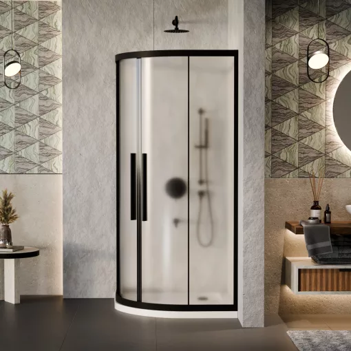 HD Moment+ 90x90 íves két tolóajtós matt zuhanykabin fehér slim zuhanytálcával és fekete szifonnal, fekete színű elemekkel, 190 cm magas