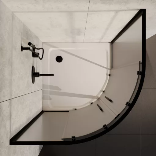 HD Moment+ 90x90 íves két tolóajtós matt zuhanykabin fehér slim zuhanytálcával és fekete szifonnal, fekete színű elemekkel, 190 cm magas