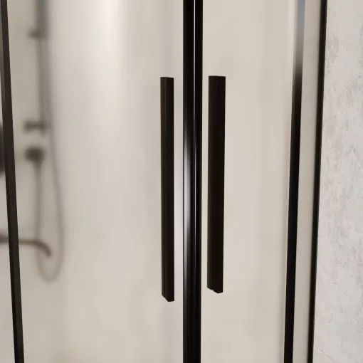 HD Moment+ 90x90 íves két tolóajtós matt zuhanykabin fehér slim zuhanytálcával és fekete szifonnal, fekete színű elemekkel, 190 cm magas