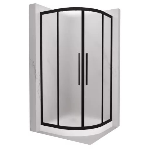 HD Moment+ 90x90 íves két tolóajtós matt zuhanykabin fehér magas zuhanytálcával és fekete szifonnal, fekete színű elemekkel, 190 cm magas
