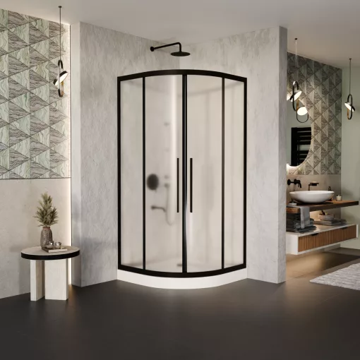 HD Moment+ 90x90 íves két tolóajtós matt zuhanykabin fehér magas zuhanytálcával és fekete szifonnal, fekete színű elemekkel, 190 cm magas