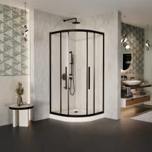 HD Moment+ 90x90 íves két tolóajtós matt zuhanykabin fehér magas zuhanytálcával és fekete szifonnal, fekete színű elemekkel, 190 cm magas