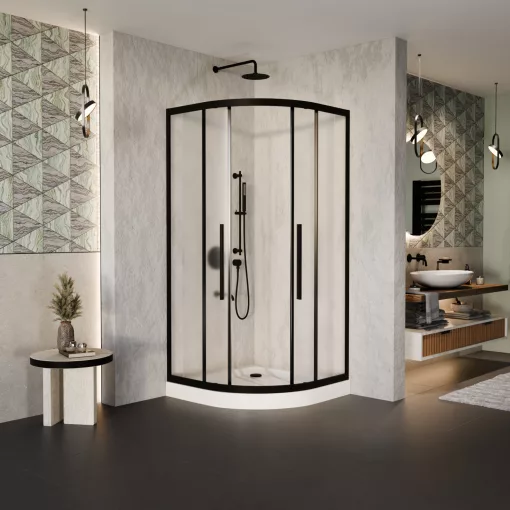HD Moment+ 90x90 íves két tolóajtós matt zuhanykabin fehér magas zuhanytálcával és fekete szifonnal, fekete színű elemekkel, 190 cm magas