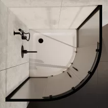 HD Moment+ 90x90 íves két tolóajtós matt zuhanykabin fehér magas zuhanytálcával és fekete szifonnal, fekete színű elemekkel, 190 cm magas