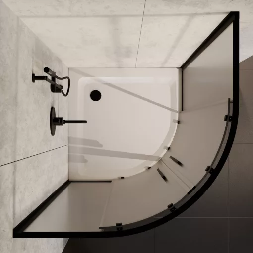 HD Moment+ 90x90 íves két tolóajtós matt zuhanykabin fehér magas zuhanytálcával és fekete szifonnal, fekete színű elemekkel, 190 cm magas