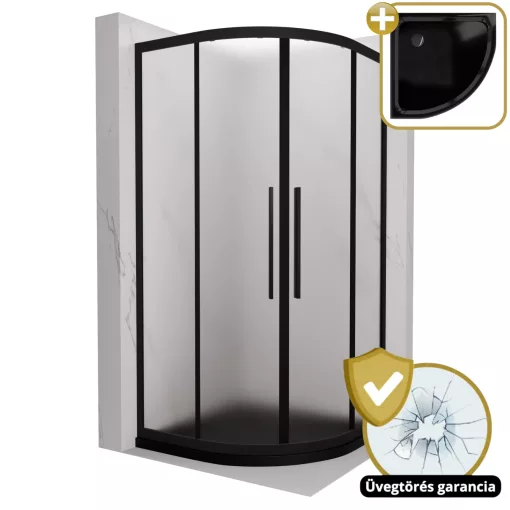 HD Moment+ 90x90 íves két tolóajtós matt zuhanykabin fekete slim zuhanytálcával és fekete szifonnal, fekete színű elemekkel, 190 cm magas