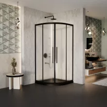 HD Moment+ 90x90 íves két tolóajtós matt zuhanykabin fekete slim zuhanytálcával és fekete szifonnal, fekete színű elemekkel, 190 cm magas