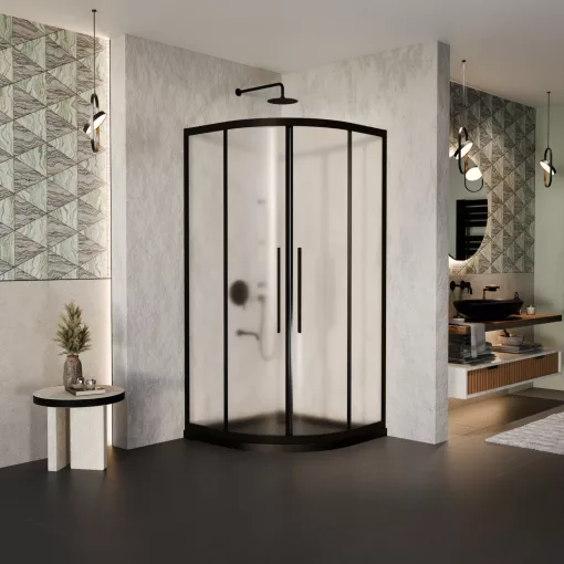 HD Moment+ 90x90 íves két tolóajtós matt zuhanykabin fekete slim zuhanytálcával és fekete szifonnal, fekete színű elemekkel, 190 cm magas