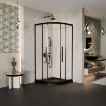 HD Moment+ 90x90 íves két tolóajtós matt zuhanykabin fekete slim zuhanytálcával és fekete szifonnal, fekete színű elemekkel, 190 cm magas