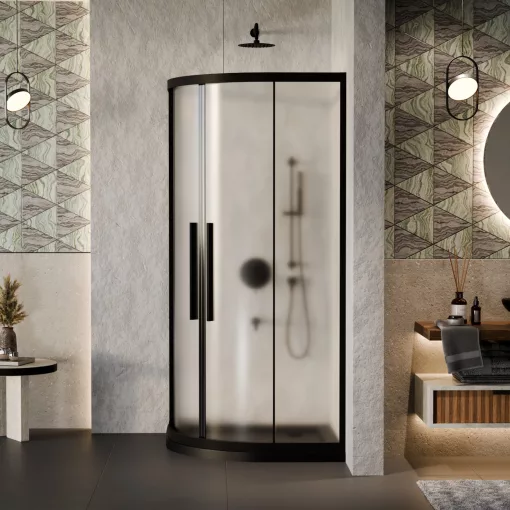 HD Moment+ 90x90 íves két tolóajtós matt zuhanykabin fekete slim zuhanytálcával és fekete szifonnal, fekete színű elemekkel, 190 cm magas