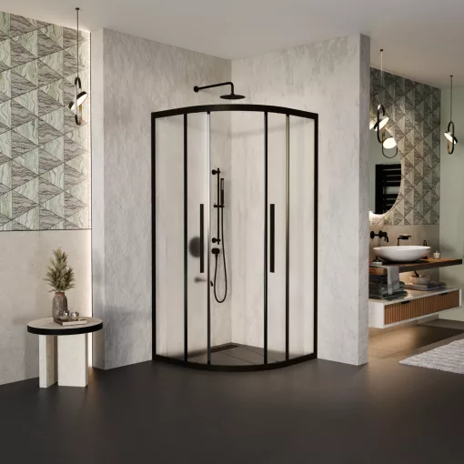 HD Moment+ 80x80 íves két tolóajtós matt zuhanykabin 6 mm vastag vízlepergető biztonsági üveggel, fekete színű elemekkel, 190 cm magas