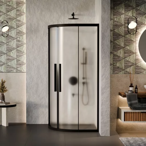 HD Moment+ 80x80 íves két tolóajtós matt zuhanykabin 6 mm vastag vízlepergető biztonsági üveggel, fekete színű elemekkel, 190 cm magas