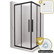HD Moment+ 100x100 szögletes két tolóajtós matt zuhanykabin fehér slim zuhanytálcával és fekete szifonnal, fekete színű elemekkel, 190 cm magas