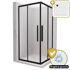   HD Moment+ szögletes két tolóajtós matt zuhanykabin fehér slim zuhanytálcával és fekete szifonnal, fekete színű elemekkel, 190 cm magas