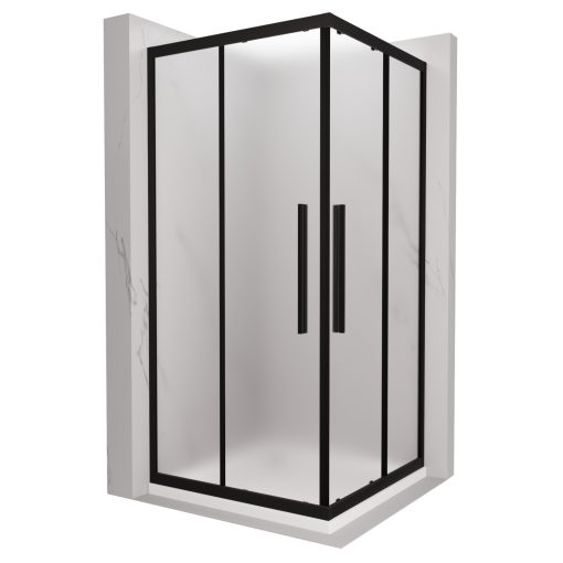 HD Moment+ 100x100 szögletes két tolóajtós matt zuhanykabin fehér slim zuhanytálcával és fekete szifonnal, fekete színű elemekkel, 190 cm magas