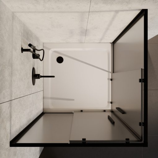 HD Moment+ 100x100 szögletes két tolóajtós matt zuhanykabin fehér slim zuhanytálcával és fekete szifonnal, fekete színű elemekkel, 190 cm magas