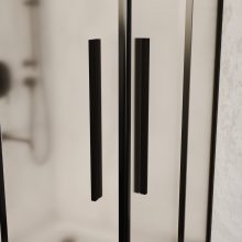 HD Moment+ 100x100 szögletes két tolóajtós matt zuhanykabin fehér slim zuhanytálcával és fekete szifonnal, fekete színű elemekkel, 190 cm magas