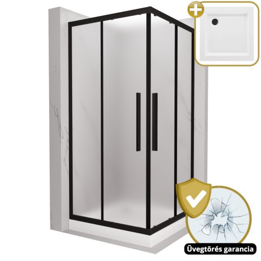 HD Moment+ 80x80 szögletes két tolóajtós matt zuhanykabin fehér magas zuhanytálcával és fekete szifonnal, fekete színű elemekkel, 190 cm magas