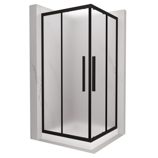 HD Moment+ 80x80 szögletes két tolóajtós matt zuhanykabin fehér magas zuhanytálcával és fekete szifonnal, fekete színű elemekkel, 190 cm magas