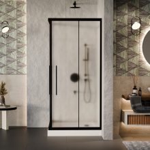 HD Moment+ 80x80 szögletes két tolóajtós matt zuhanykabin fehér magas zuhanytálcával és fekete szifonnal, fekete színű elemekkel, 190 cm magas