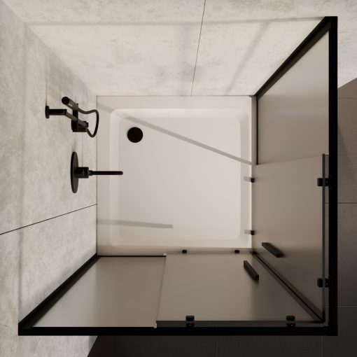 HD Moment+ 80x80 szögletes két tolóajtós matt zuhanykabin fehér magas zuhanytálcával és fekete szifonnal, fekete színű elemekkel, 190 cm magas