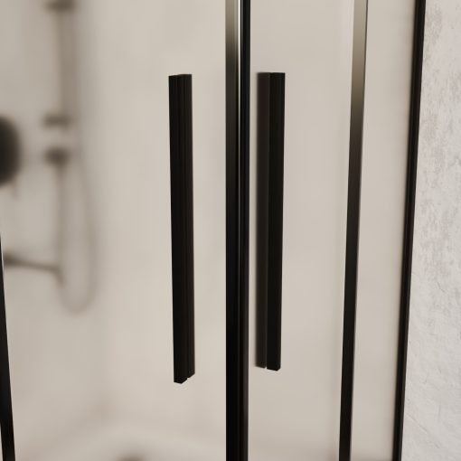 HD Moment+ 80x80 szögletes két tolóajtós matt zuhanykabin fehér magas zuhanytálcával és fekete szifonnal, fekete színű elemekkel, 190 cm magas