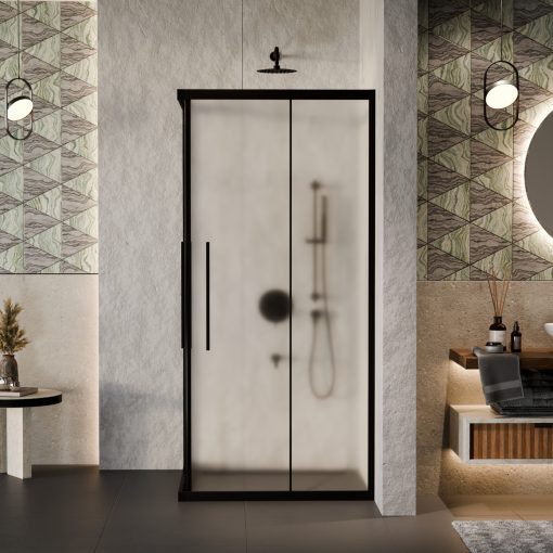 HD Moment+ 100x100 szögletes két tolóajtós matt zuhanykabin 6 mm vastag vízlepergető biztonsági üveggel, fekete színű elemekkel, 190 cm magas