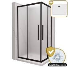 HD Moment+ aszimmetrikus szögletes két tolóajtós matt zuhanykabin fehér slim zuhanytálcával és fekete szifonnal, fekete színű elemekkel, 190 cm magas