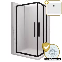   HD Moment+ aszimmetrikus szögletes két tolóajtós matt zuhanykabin fehér slim zuhanytálcával és fekete szifonnal, fekete színű elemekkel, 190 cm magas